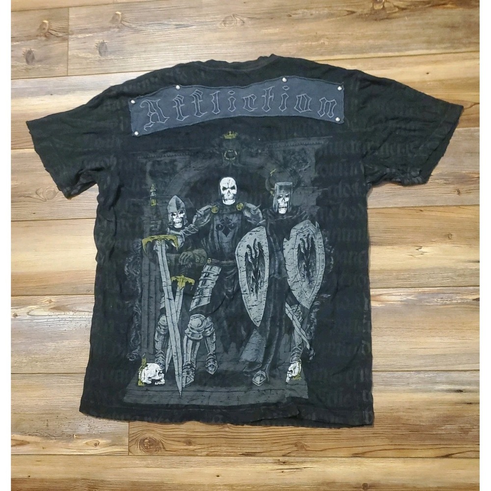 RARE Affliction AOP T Shirt Mens Large Goth Grunge Live Fast Graphic Print Black